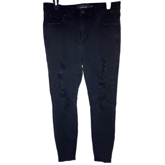 Torrid Jeans 10 R Black Premium Sky high Skinny Distressed Torn Minimalist - Picture 1 of 7